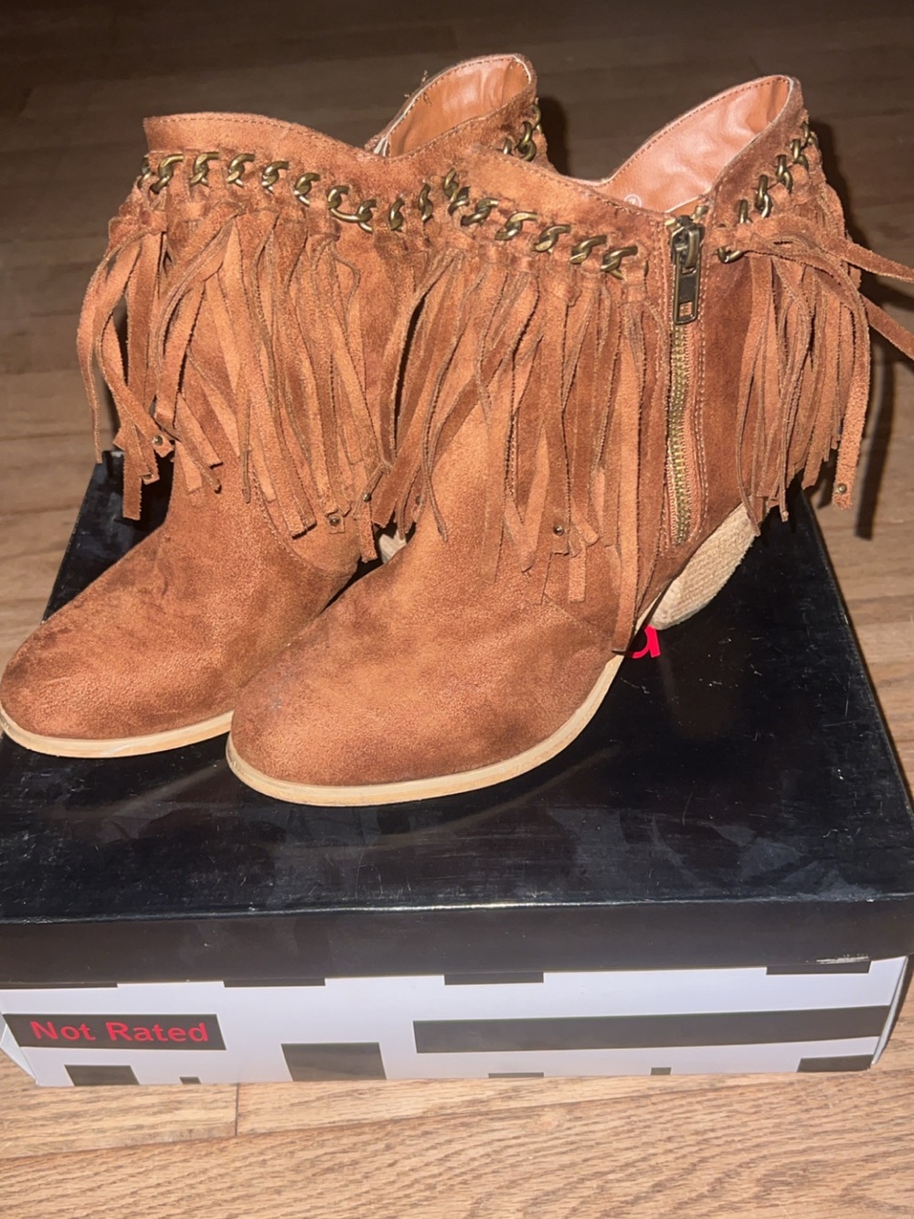 Not Rated Tan Suede Fringe Ankle Boots with Chain Trim